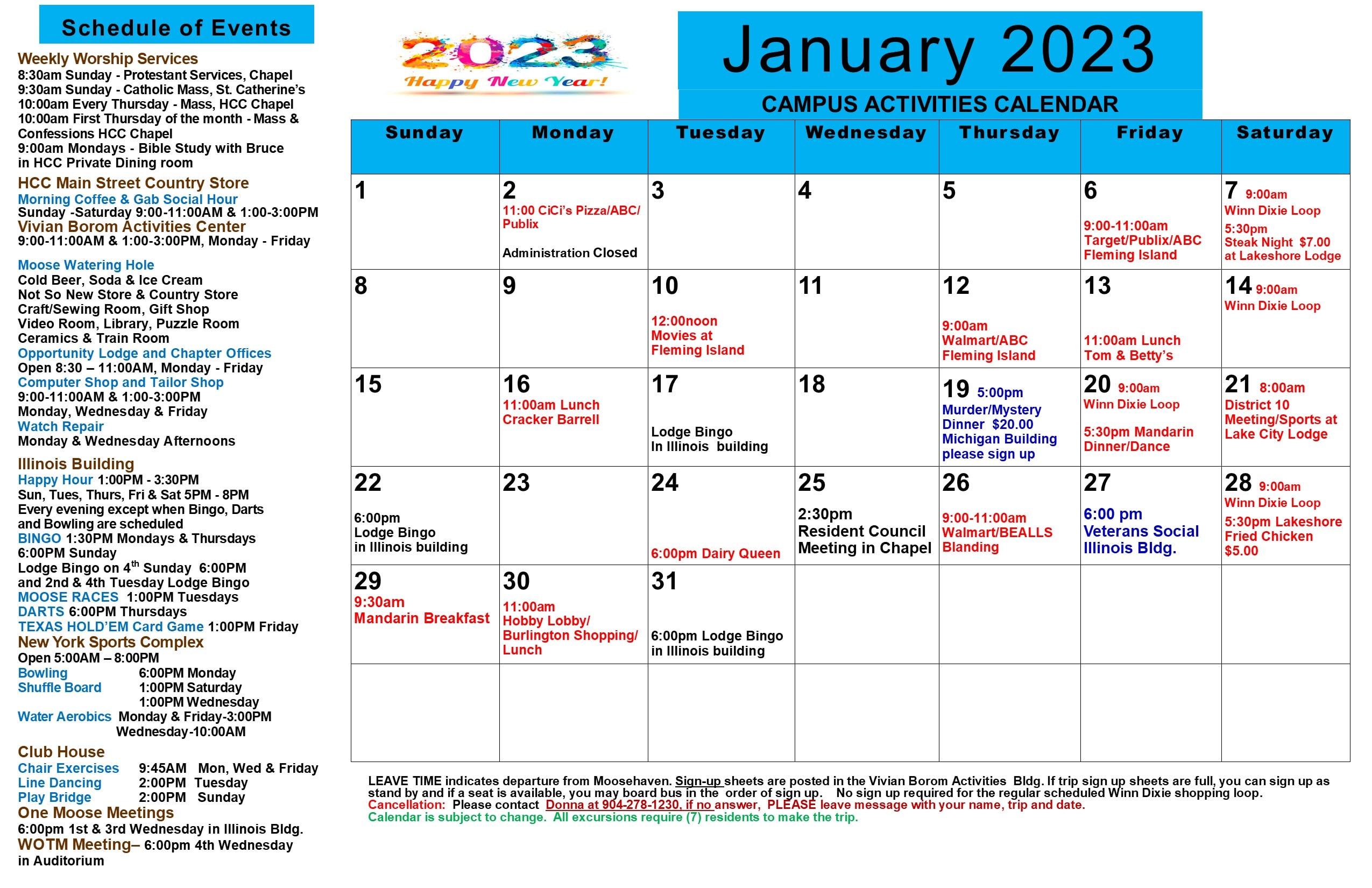 Activities Calendar Moosehaven