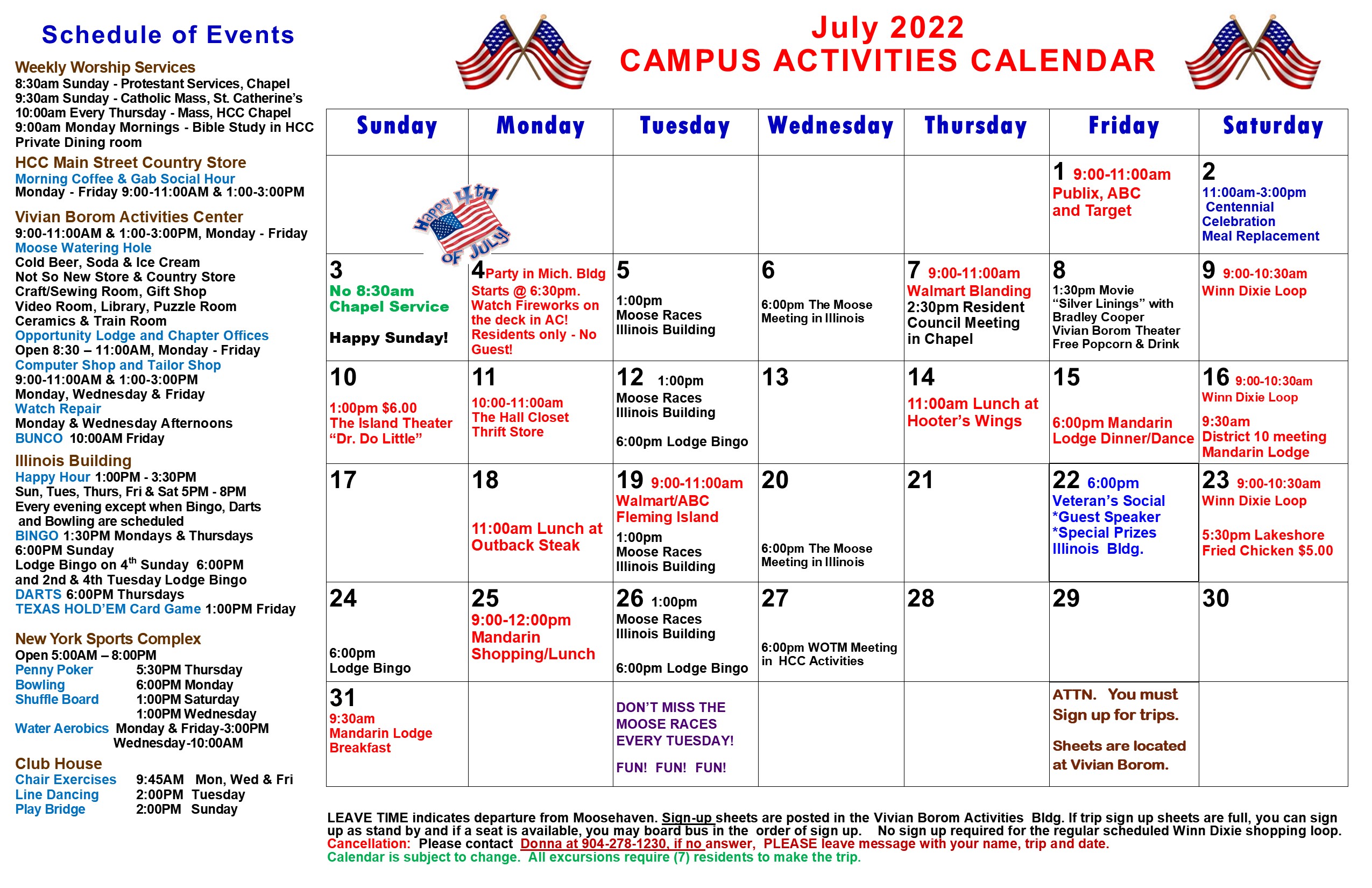 Activities Calendar of Events
