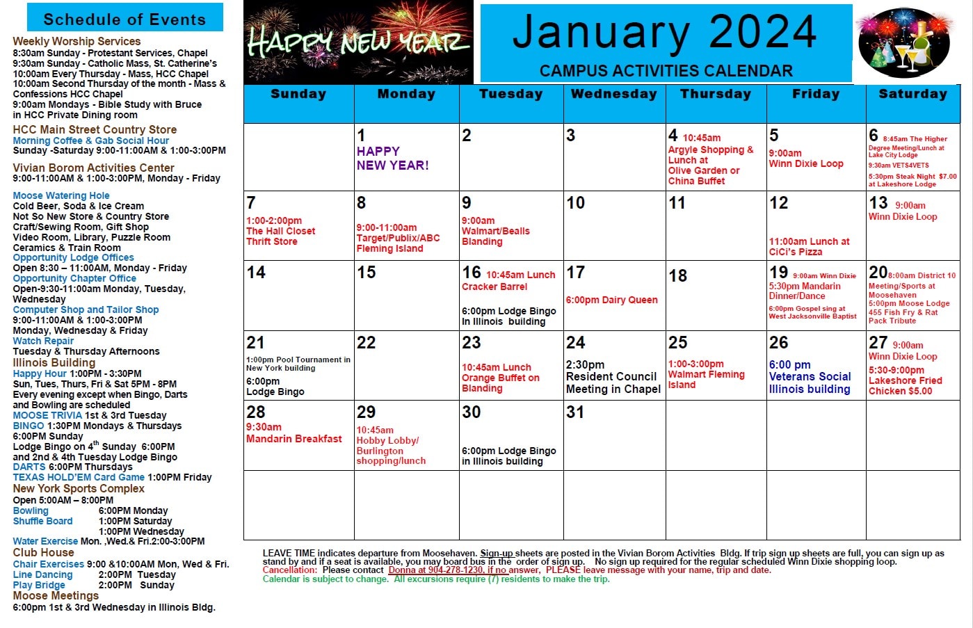 Activities Calendar Moosehaven