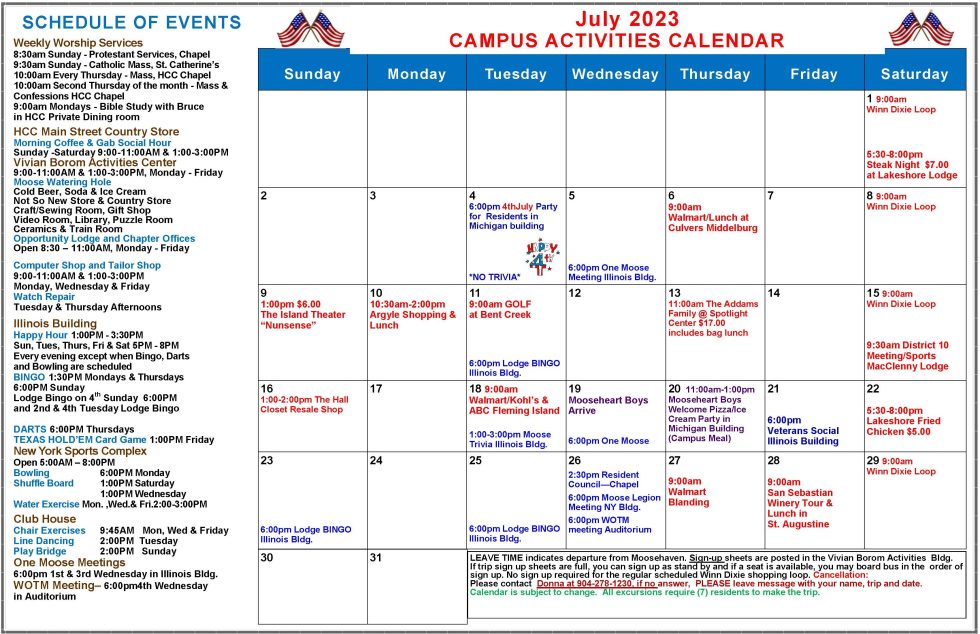 Activities Calendar - Moosehaven