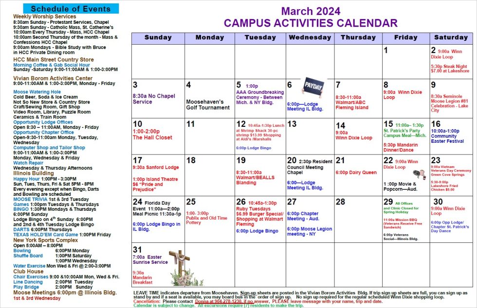 Activities Calendar Moosehaven