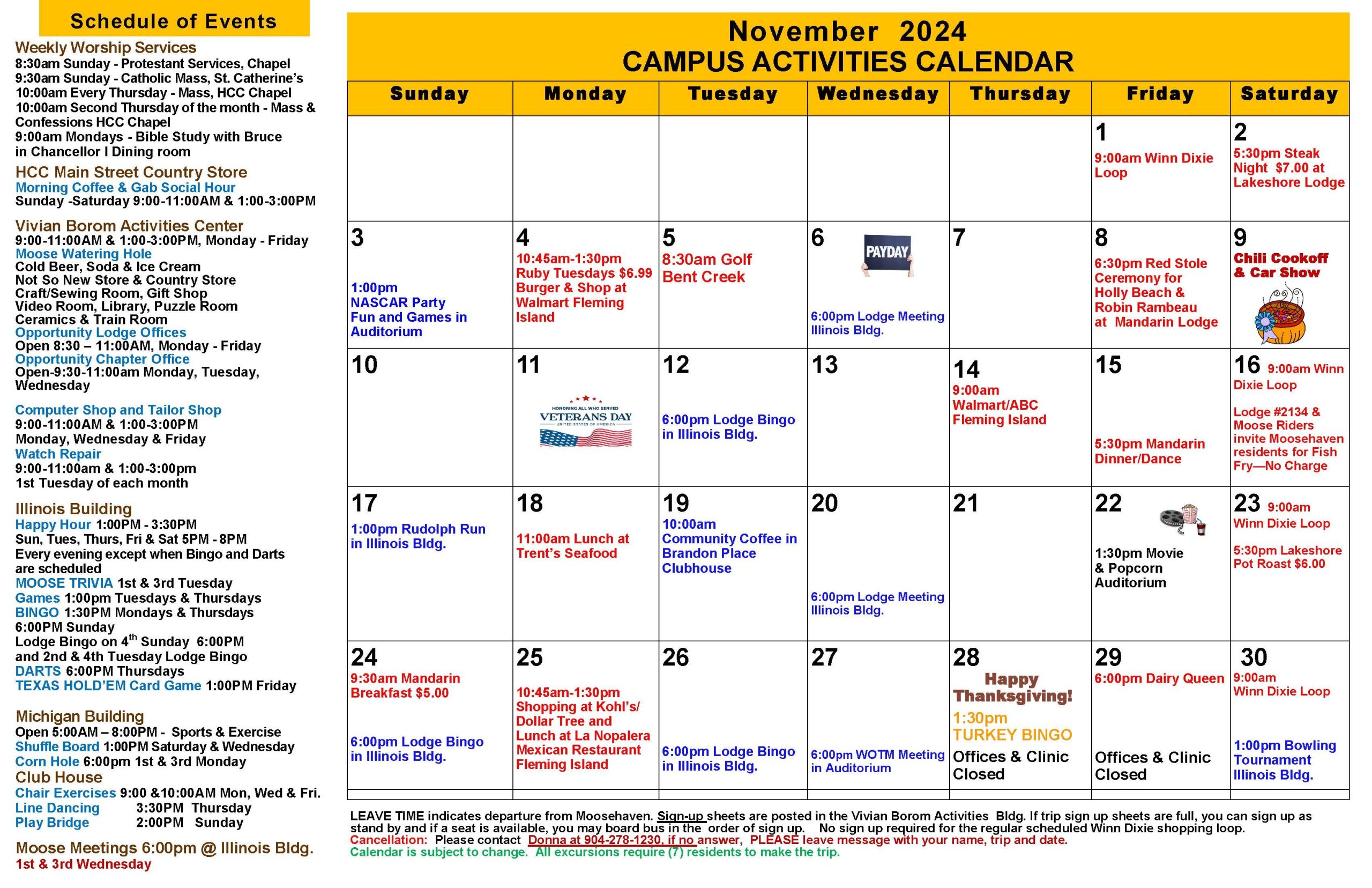 Moosehaven November 2024 activities calendar